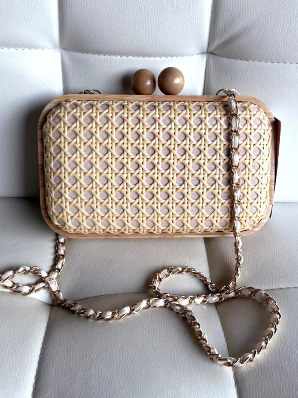 Tommy Bahama Natural Woven Cane Wood Frame Clutch Crossbody Bag NWT
